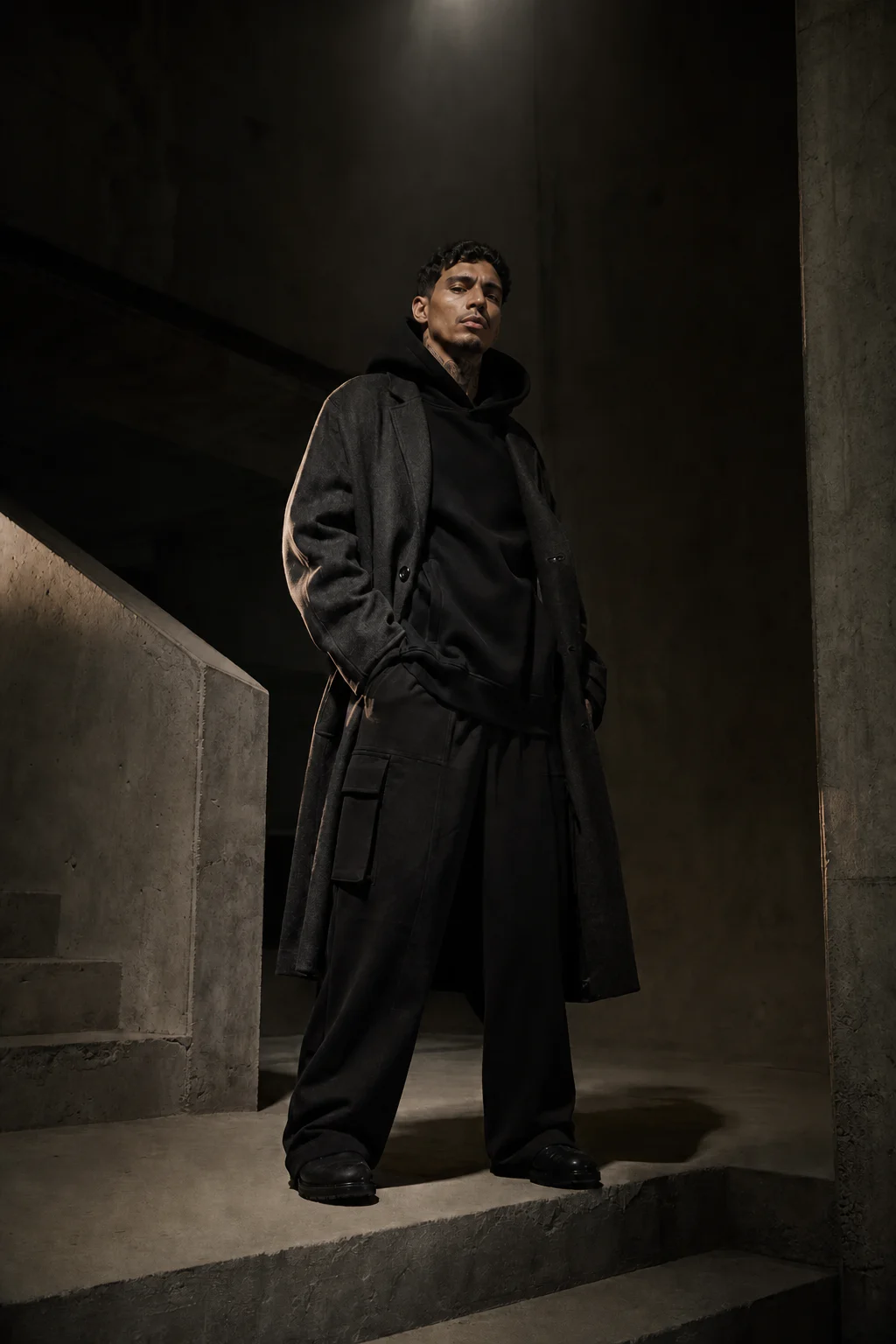 Modelo con hoodie, abrigo y cargo VALZERI en arquitectura de concreto